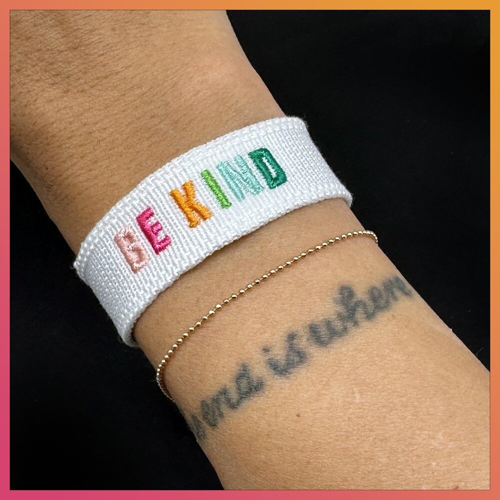 NEW Be Kind Woven Bracelet | Rainbow Letters on White | Adjustable